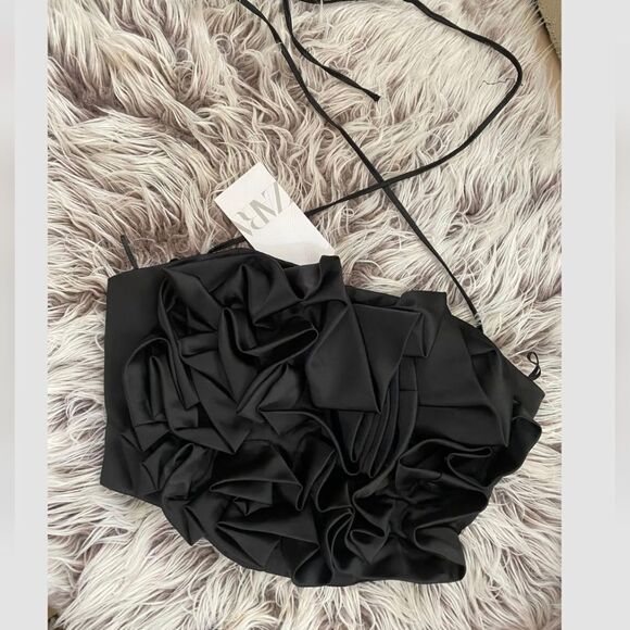 NWT ZARA Textured FloralβSatin Effect Cropped Top Black - Picture 7 of 10